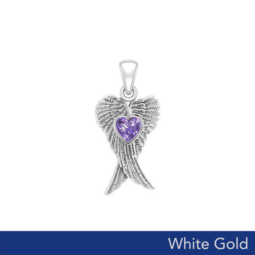 Heart Gemstone and Double Angel Wings White Gold Pendant WPD5229 - Jewelry